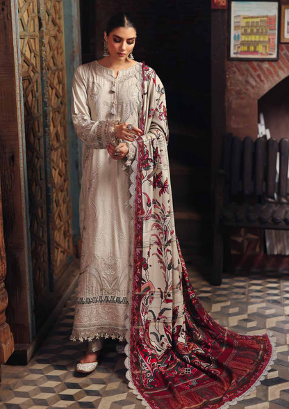 Unstitched embroidered self linen jacquard shirt with printed jacquard woolen shawl