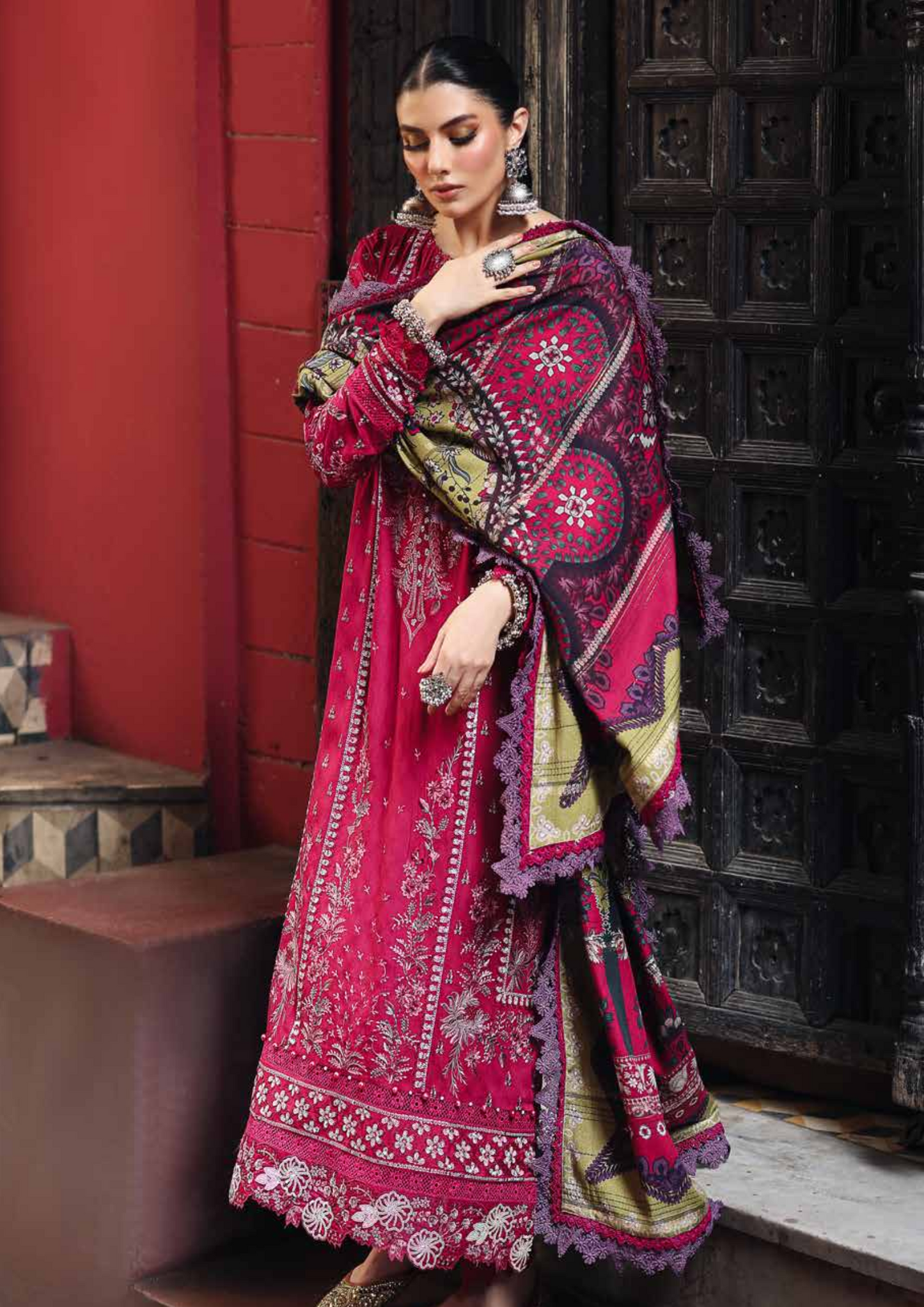 Unstitched embroidered self linen jacquard shirt with printed jacquard woolen shawl