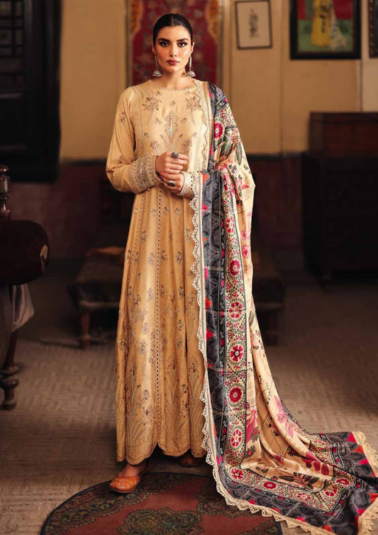 Unstitched embroidered self linen jacquard shirt with printed jacquard woolen shawl