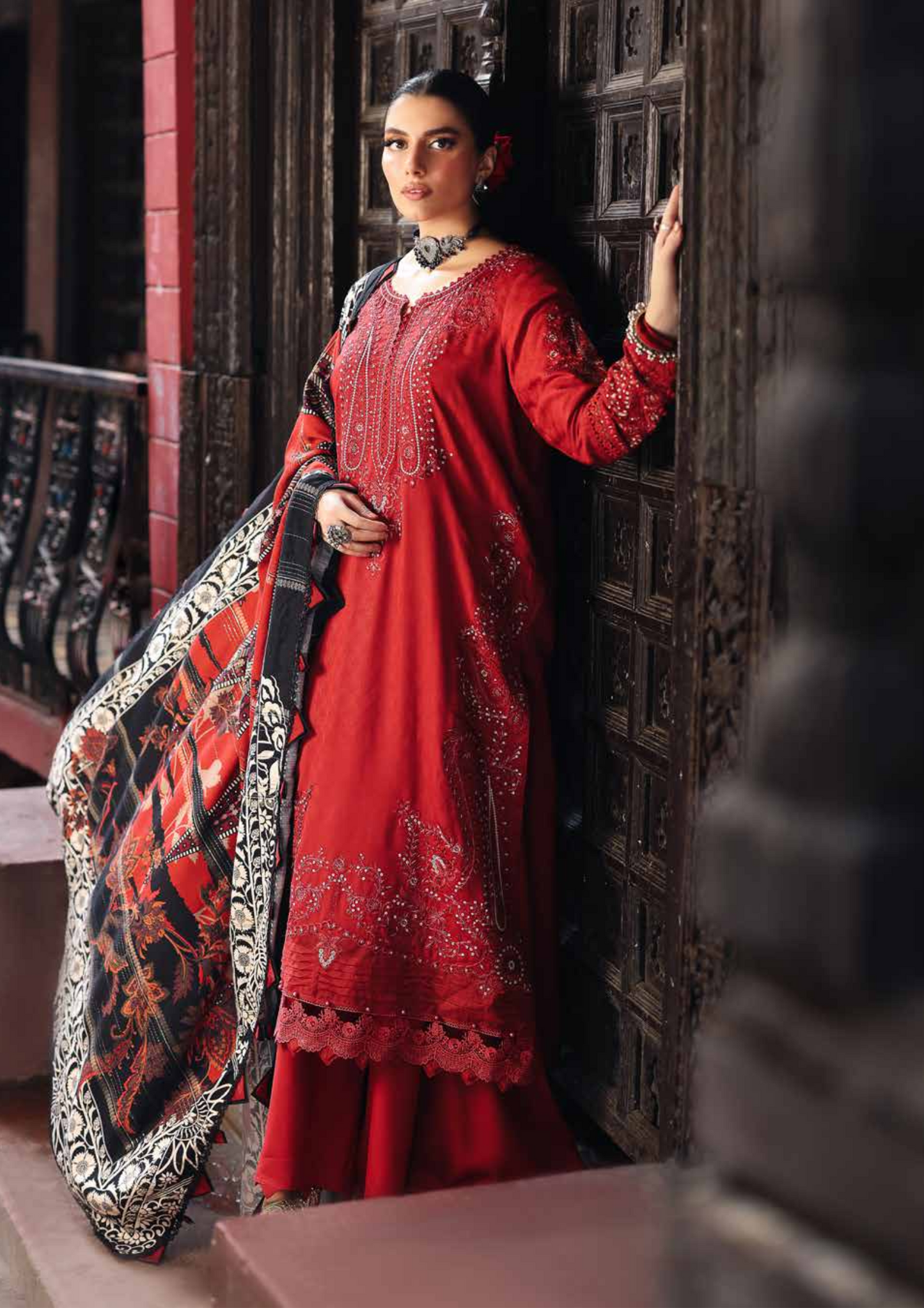 Unstitched embroidered self linen jacquard shirt with printed jacquard woolen shawl