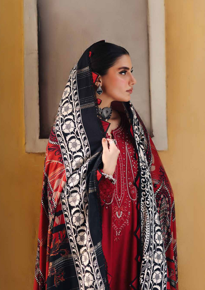 Unstitched embroidered self linen jacquard shirt with printed jacquard woolen shawl