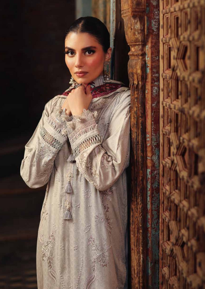 Unstitched embroidered self linen jacquard shirt with printed jacquard woolen shawl