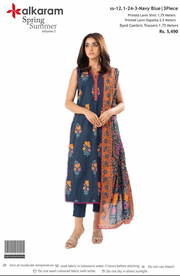 alkaram Lawn Spring Summer SS-12.1 -24-3 Navy Blue 3 Piece