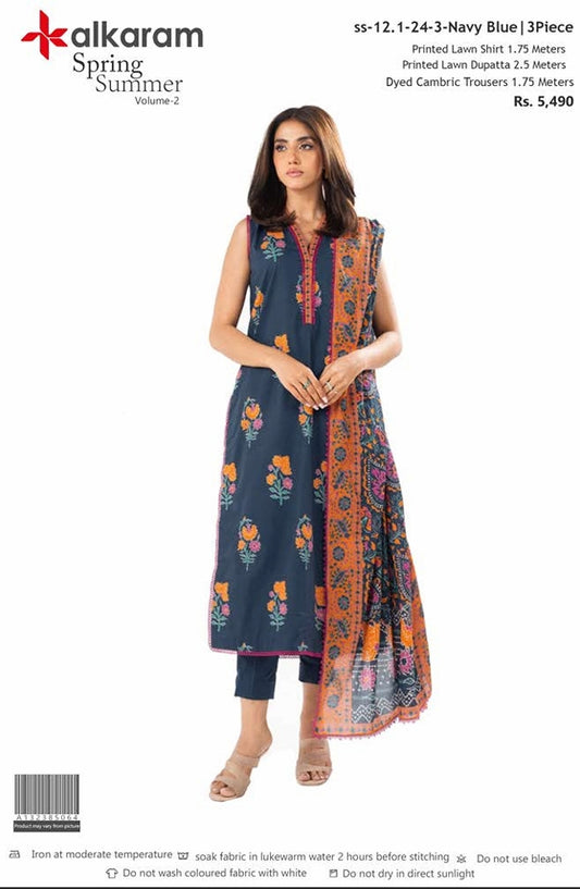 alkaram Lawn Spring Summer SS-12.1 -24-3 Navy Blue 3 Piece