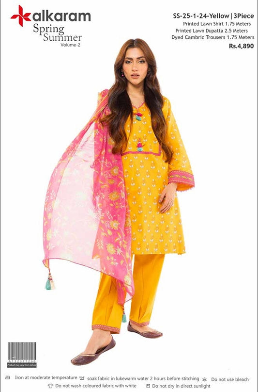 alkaram Spring Summer Lawn SS-25-1-24- Yellow 3 Piece